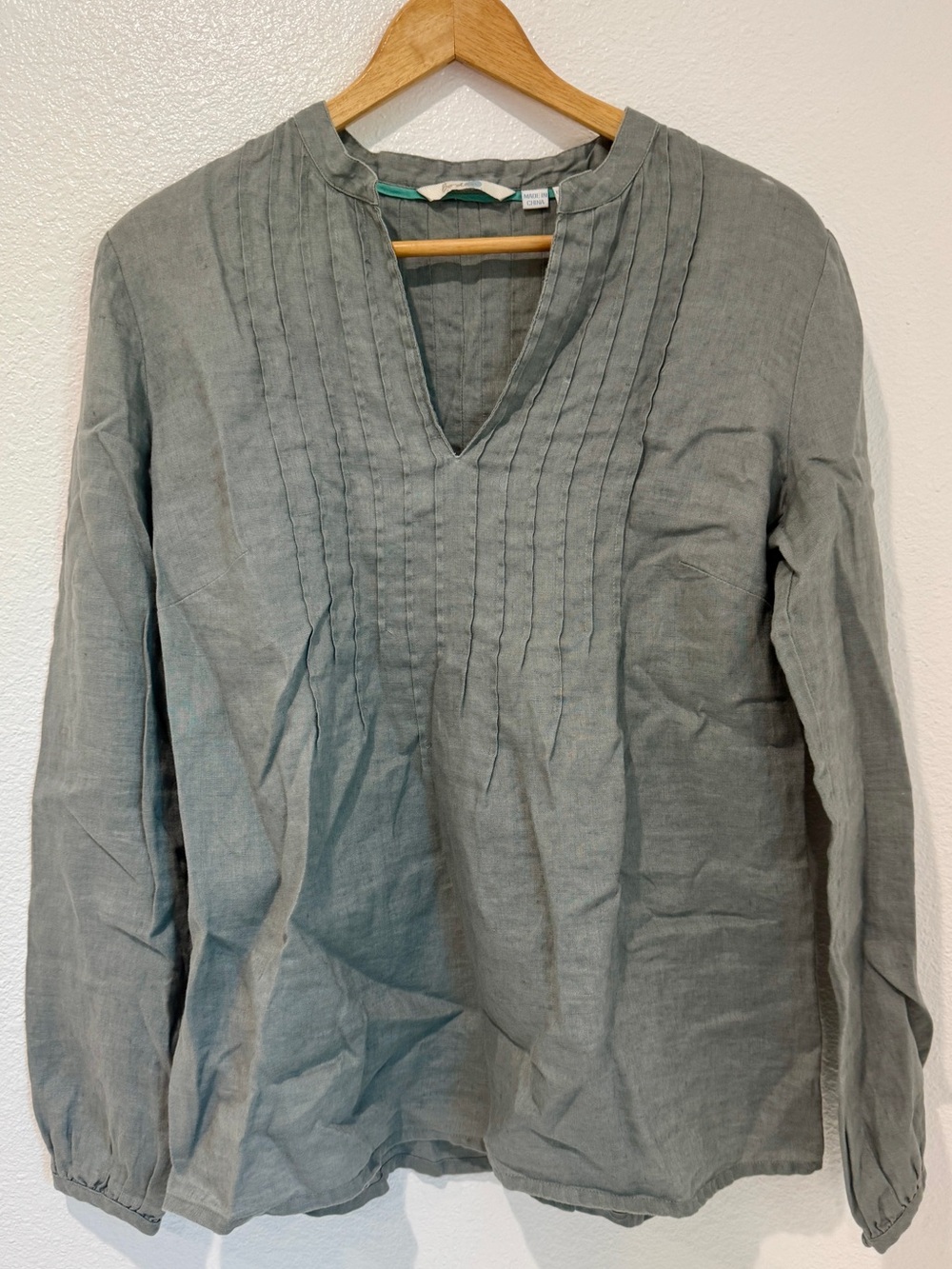 Boden Sage Green 100% Linen Pintuck Split Neck Long Sleeve Tunic Blouse Boho 10